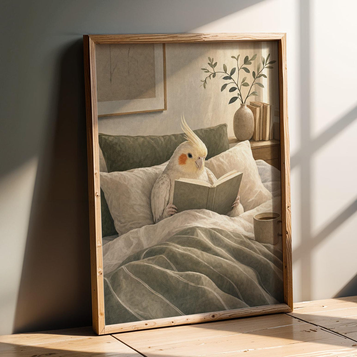 Pearl Cockatiel Reading in Bed Poster | Modern Gouache Bird Wall Art | Warm Beige Soft Ivory Decor | Cozy Minimalist Bedroom Print