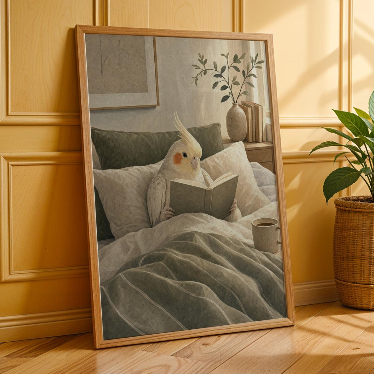 Pearl Cockatiel Reading in Bed Poster | Modern Gouache Bird Wall Art | Warm Beige Soft Ivory Decor | Cozy Minimalist Bedroom Print