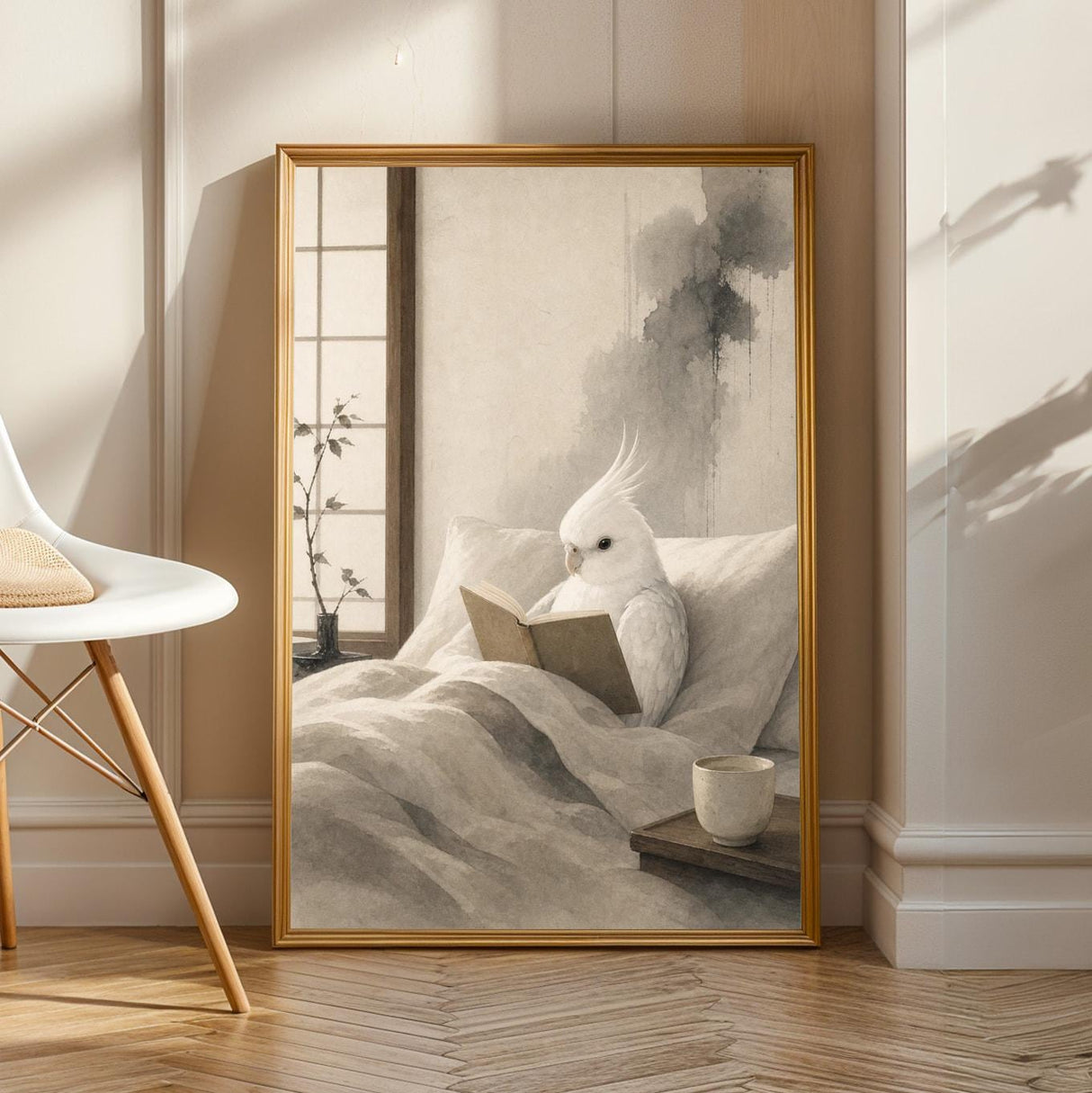 Cockatiel Reading in Bed Poster | Japanese Zen Sumi-e Bird Wall Art | Warm Ivory Fog Gray Decor | Minimalist Reading Nook Print
