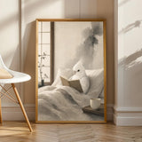 Cockatiel Reading in Bed Poster | Japanese Zen Sumi-e Bird Wall Art | Warm Ivory Fog Gray Decor | Minimalist Reading Nook Print