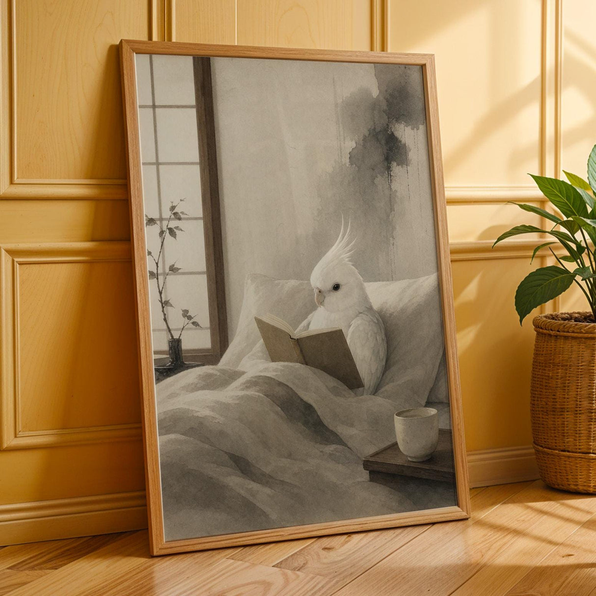 Cockatiel Reading in Bed Poster | Japanese Zen Sumi-e Bird Wall Art | Warm Ivory Fog Gray Decor | Minimalist Reading Nook Print