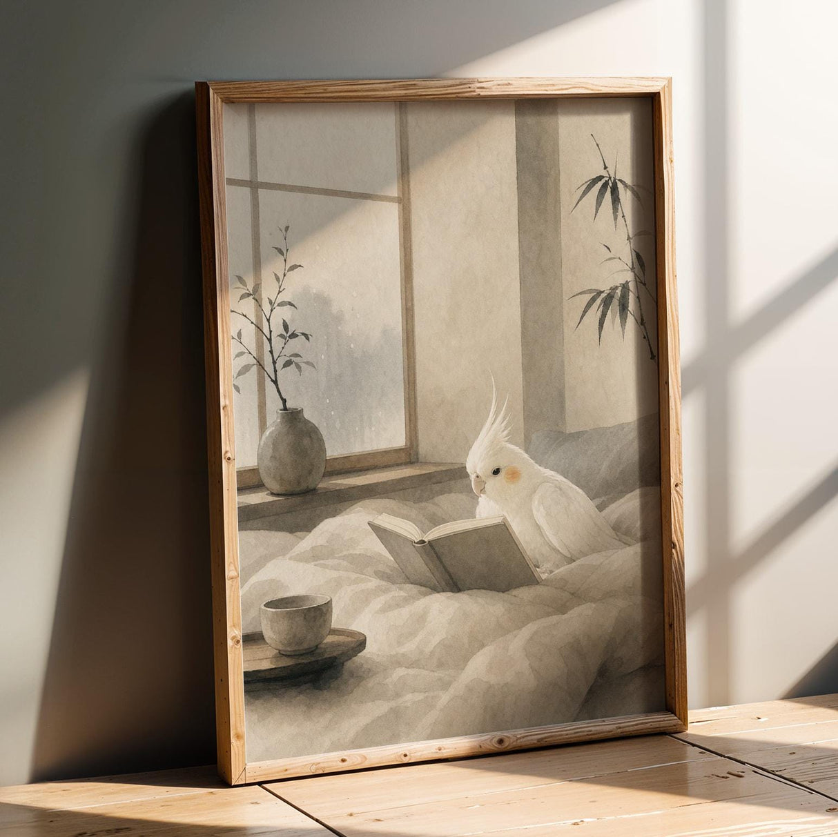 Albino Cockatiel Reading in Bed Poster | Japanese Zen Sumi-e Bird Wall Art | Warm Ivory Fog Gray Decor | Minimalist Bedroom Print