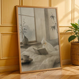Albino Cockatiel Reading in Bed Poster | Japanese Zen Sumi-e Bird Wall Art | Warm Ivory Fog Gray Decor | Minimalist Bedroom Print