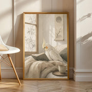 Product view of Pearl Cockatiel Reading in Bed Poster.