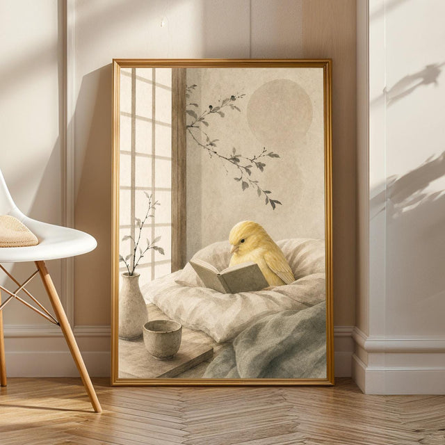 Fife Fancy Canary Reading in Bed Poster | Japanese Zen Ink Wash Bird Wall Art | Warm Ivory Fog Gray Decor | Minimalist Bedroom Print