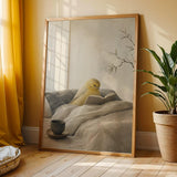 Roller Canary Reading in Bed Poster | Japanese Zen Sumi-e Bird Wall Art | Warm Ivory Neutral Decor | Minimalist Living Room Print
