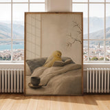 Roller Canary Reading in Bed Poster | Japanese Zen Sumi-e Bird Wall Art | Warm Ivory Neutral Decor | Minimalist Living Room Print