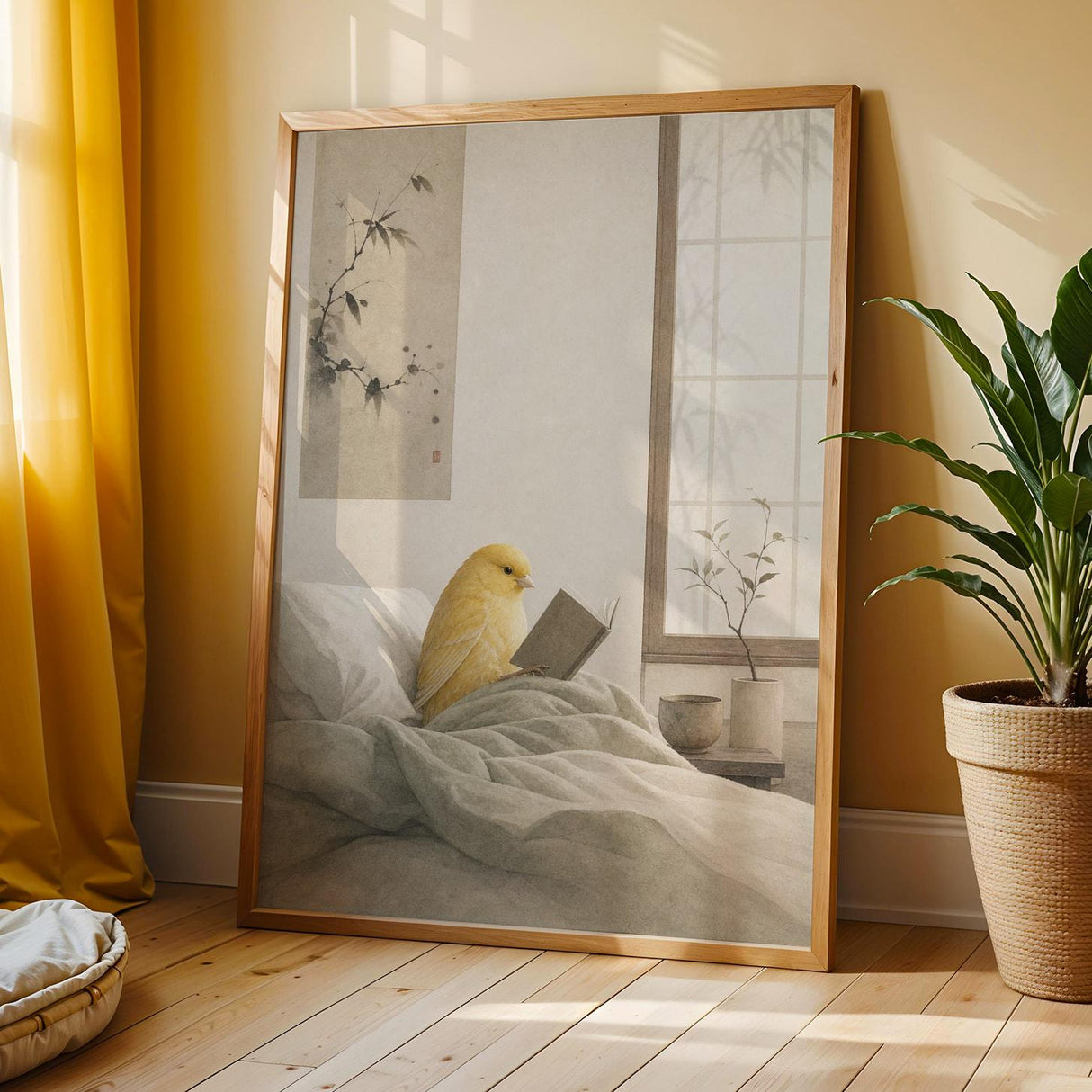 American Singer Canary Reading in Bed Poster | Japanese Zen Sumi-e Bird Wall Art | Warm Ivory Fog Gray Decor | Minimalist Bedroom Print