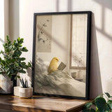 American Singer Canary Reading in Bed Poster | Japanese Zen Sumi-e Bird Wall Art | Warm Ivory Fog Gray Decor | Minimalist Bedroom Print