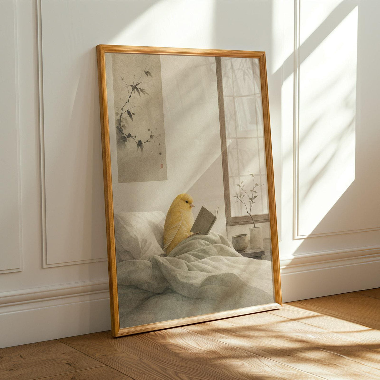American Singer Canary Reading in Bed Poster | Japanese Zen Sumi-e Bird Wall Art | Warm Ivory Fog Gray Decor | Minimalist Bedroom Print