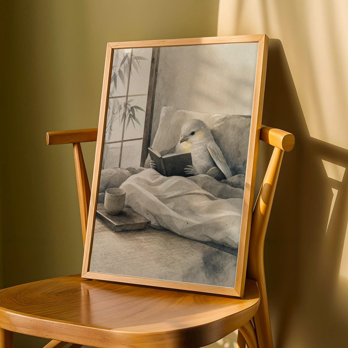 Silver Lizard Canary Reading in Bed Poster | Japanese Zen Sumi-e Bird Wall Art | Warm Ivory Fog Gray Decor | Minimalist Bedroom Print