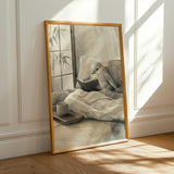 Silver Lizard Canary Reading in Bed Poster | Japanese Zen Sumi-e Bird Wall Art | Warm Ivory Fog Gray Decor | Minimalist Bedroom Print