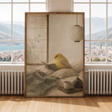 Gloster Canary Reading in Bed Poster | Japanese Zen Sumi-e Bird Wall Art | Warm Ivory Mustard Decor | Minimalist Bedroom Print