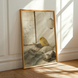Gloster Canary Reading in Bed Poster | Japanese Zen Sumi-e Bird Wall Art | Warm Ivory Mustard Decor | Minimalist Bedroom Print