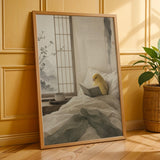 Waterslager Canary Reading in Bed Poster | Japanese Zen Sumi-e Bird Wall Art | Warm Ivory Fog Gray Decor | Minimalist Bedroom Print