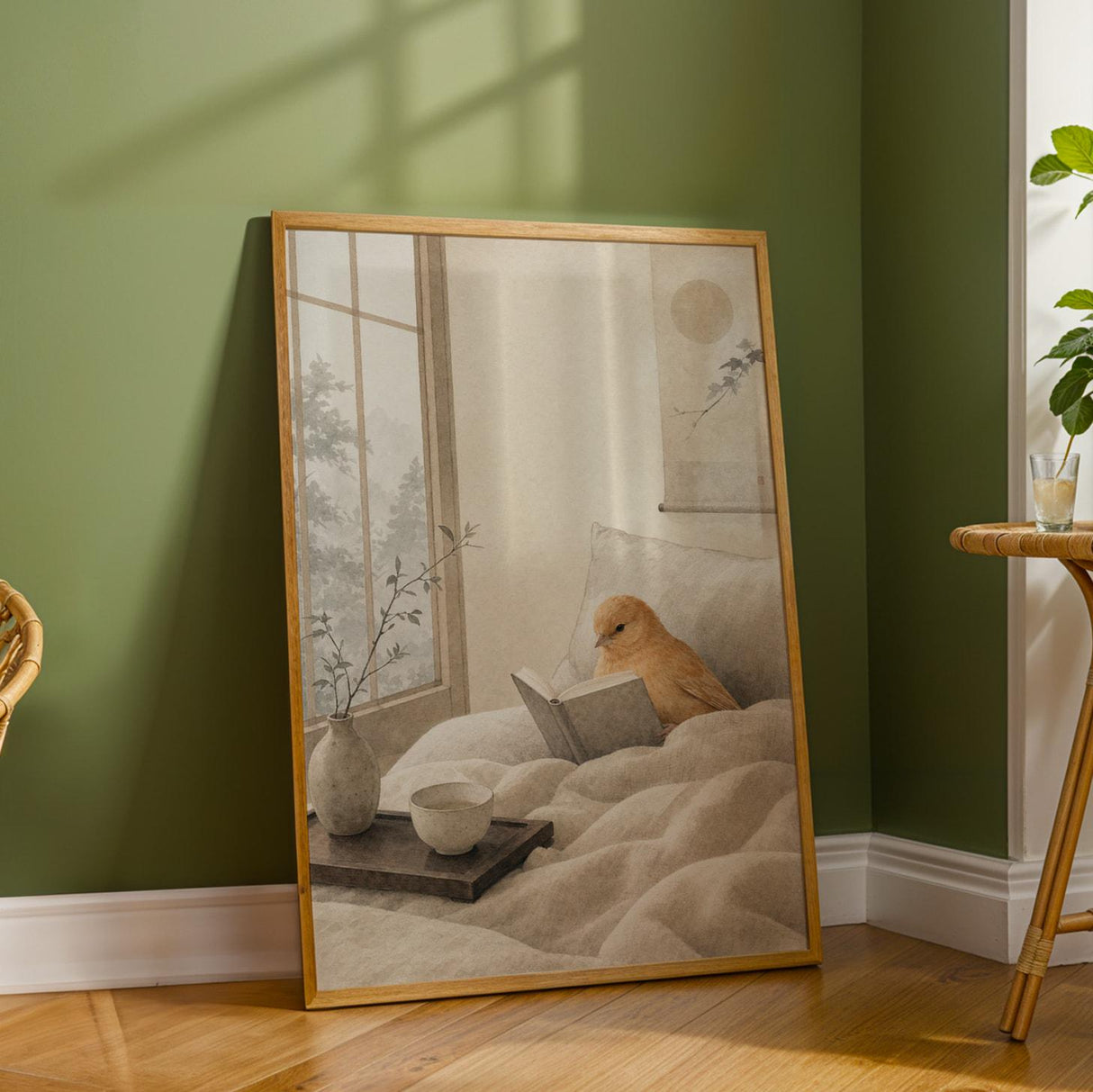 Cinnamon Canary Reading in Bed Poster | Japanese Zen Sumi-e Bird Wall Art | Warm Ivory Neutral Decor | Minimalist Bedroom Print