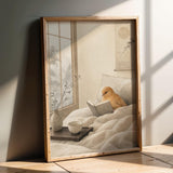 Cinnamon Canary Reading in Bed Poster | Japanese Zen Sumi-e Bird Wall Art | Warm Ivory Neutral Decor | Minimalist Bedroom Print