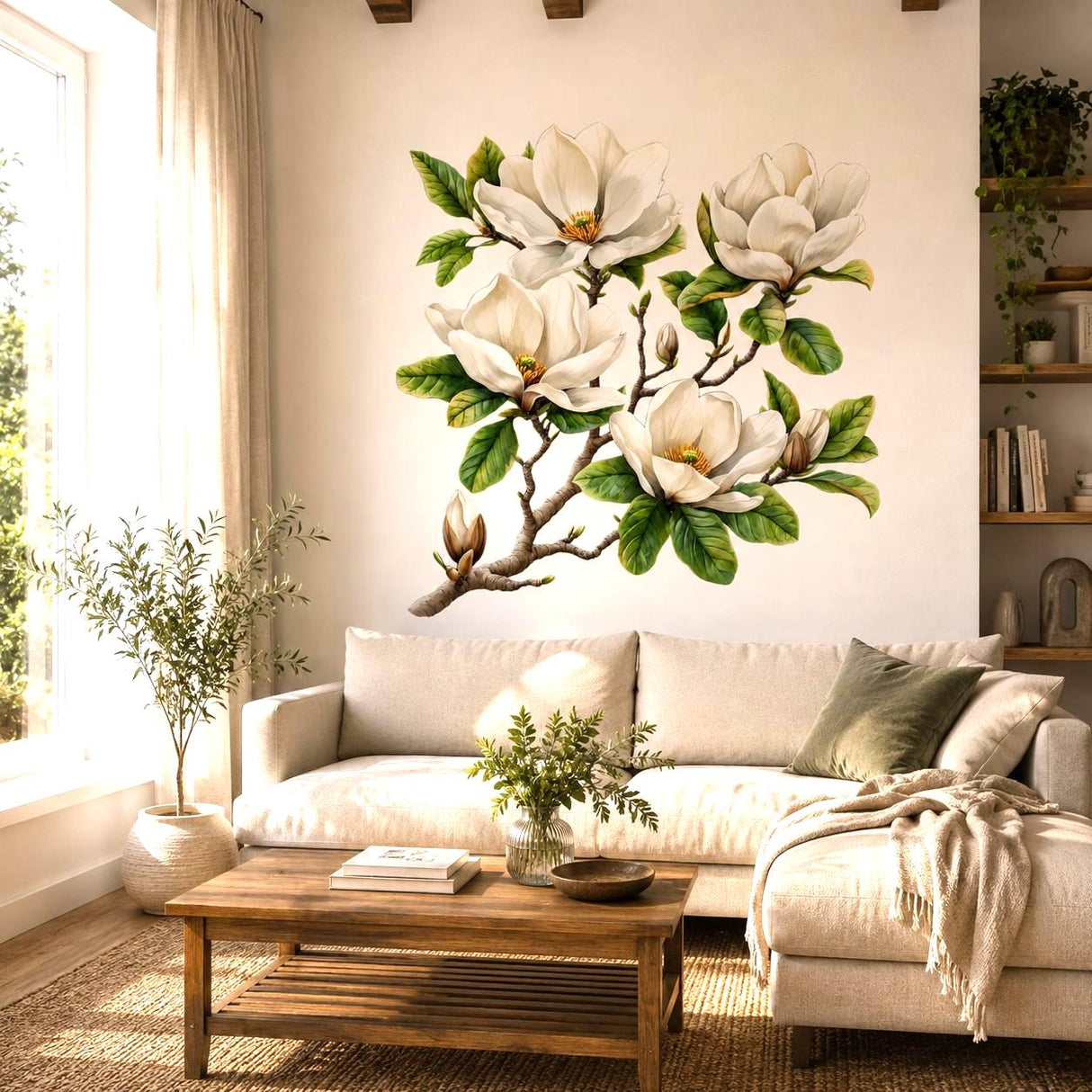 White Magnolia Branch Wall Vinyl Decal | Watercolor Floral Sticker | Botanical Wall Art | Farmhouse Cottage Bedroom Living Room Decor