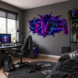 Gaming Wall Vinyl Decal | Neon Controller Broken Wall Illusion Sticker | Gamer Room LED Arcade Wall Art | Teen Bedroom Decor
