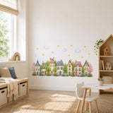 Watercolor Village Houses Wall Vinyl Decal | Cute Cottage Town Sticker | Nursery Kids Room Wall Art | Pastel Home Street Decor