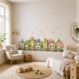 Watercolor Village Houses Wall Vinyl Decal | Cute Cottage Town Sticker | Nursery Kids Room Wall Art | Pastel Home Street Decor