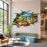 Weird Frog Beach Wall Vinyl Decal | 3D Broken Wall Illusion Sticker | Funny Tropical Volleyball Scene | Gamer Teen Room Decor
