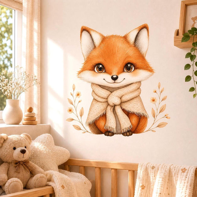 Watercolor-style wall vinyl decal of a cute orange fox with big eyes wearing a cozy scarf, with small floral sprigs on each side.