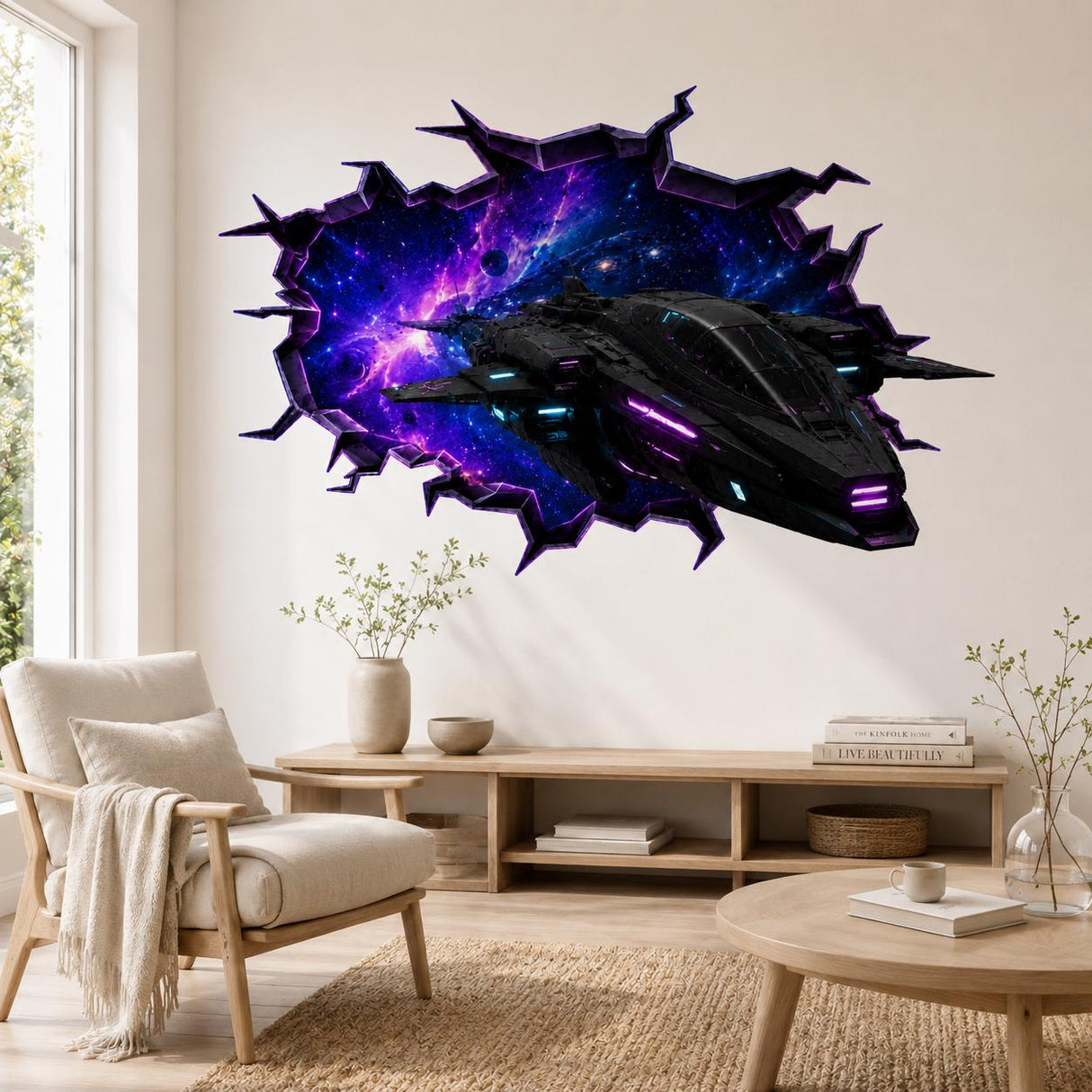 Spaceship Wall Vinyl Decal | Neon Galaxy Broken Wall Illusion Sticker | Sci Fi Space Fighter Wall Art | Gamer Teen Room Decor