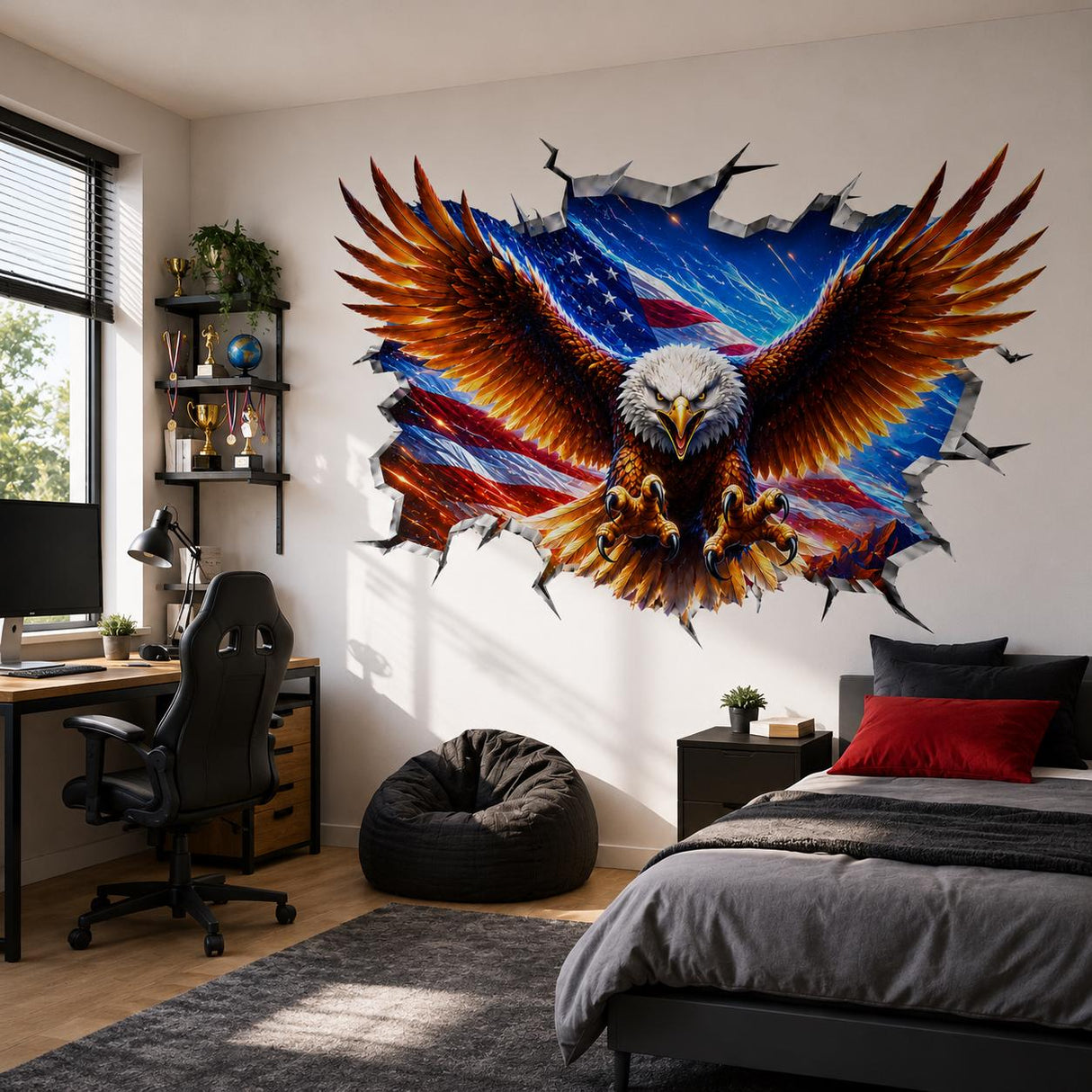 Bald Eagle Wall Vinyl Decal | American Flag Broken Wall Illusion Sticker | Patriotic USA Wall Art | Man Cave Garage Office Decor