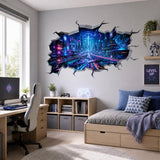 Cyberpunk City Wall Vinyl Decal | Neon Futuristic Broken Wall Illusion Sticker | Gamer Room LED Wall Art | Sci Fi Bedroom Decor