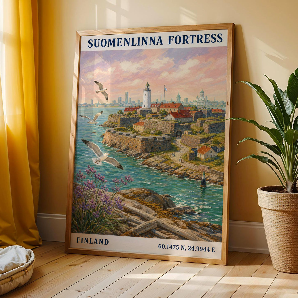 Suomenlinna Fortress Art Print - Modern Gouache, Teal and Turquoise Seascape