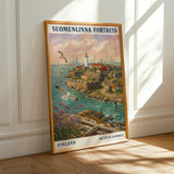 Suomenlinna Fortress Art Print - Modern Gouache, Teal and Turquoise Seascape