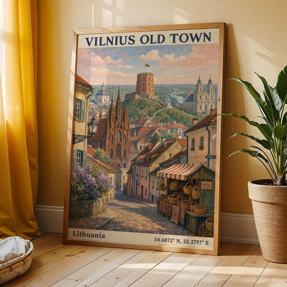 Vilnius Old Town Art Print - Modern Gouache-Vintage, Navy Blue and Terracotta Orange