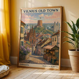 Vilnius Old Town Art Print - Modern Gouache-Vintage, Navy Blue and Terracotta Orange
