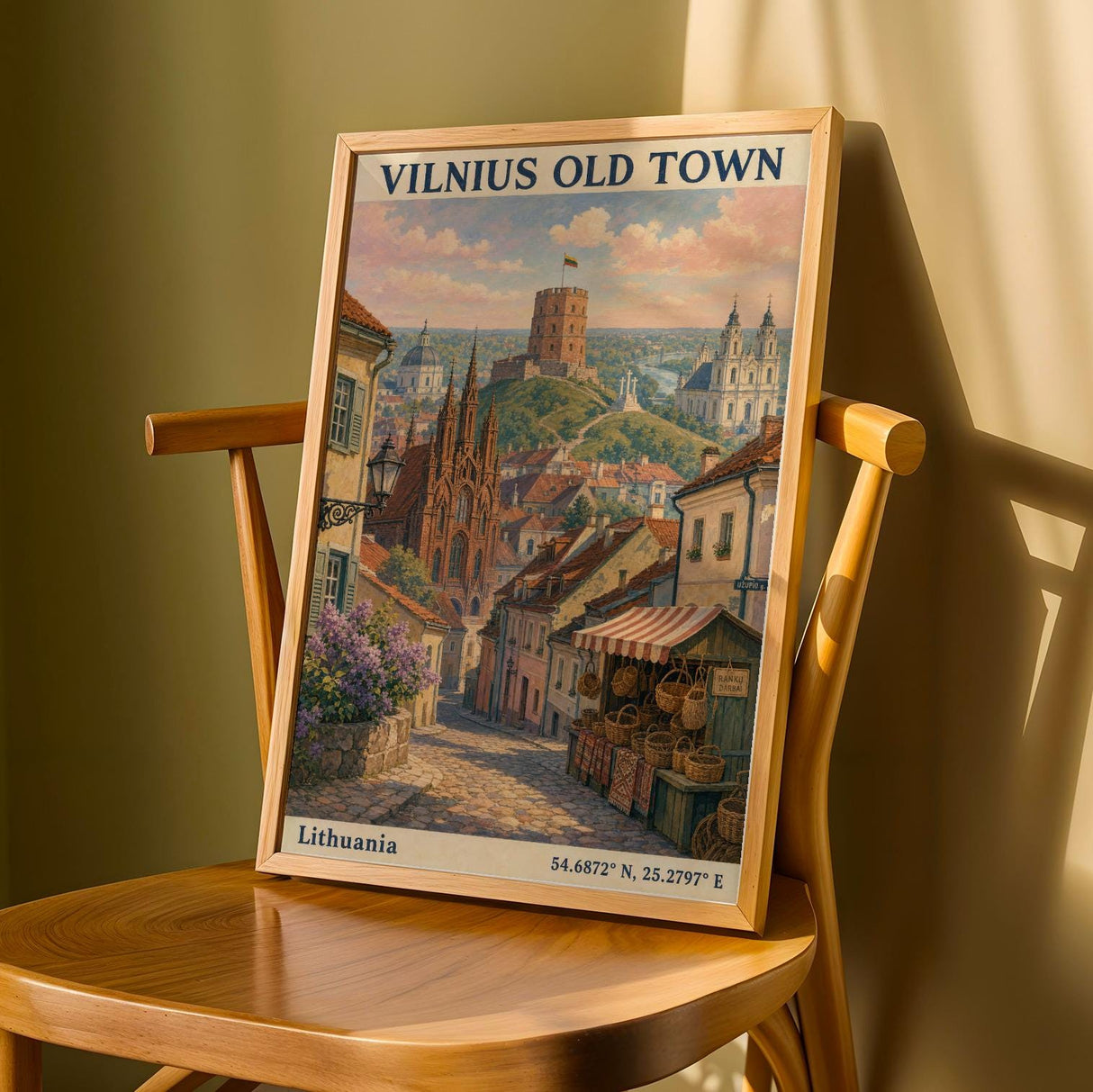 Vilnius Old Town Art Print - Modern Gouache-Vintage, Navy Blue and Terracotta Orange