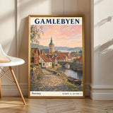 Gamlebyen Oslo Travel Poster | Vintage Norway Wall Art Print | Peach Blue River Cityscape | Church Tower Terracotta Roofs Decor