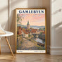 Gamlebyen Oslo Travel Poster | Vintage Norway Wall Art Print | Peach Blue River Cityscape | Church Tower Terracotta Roofs Decor