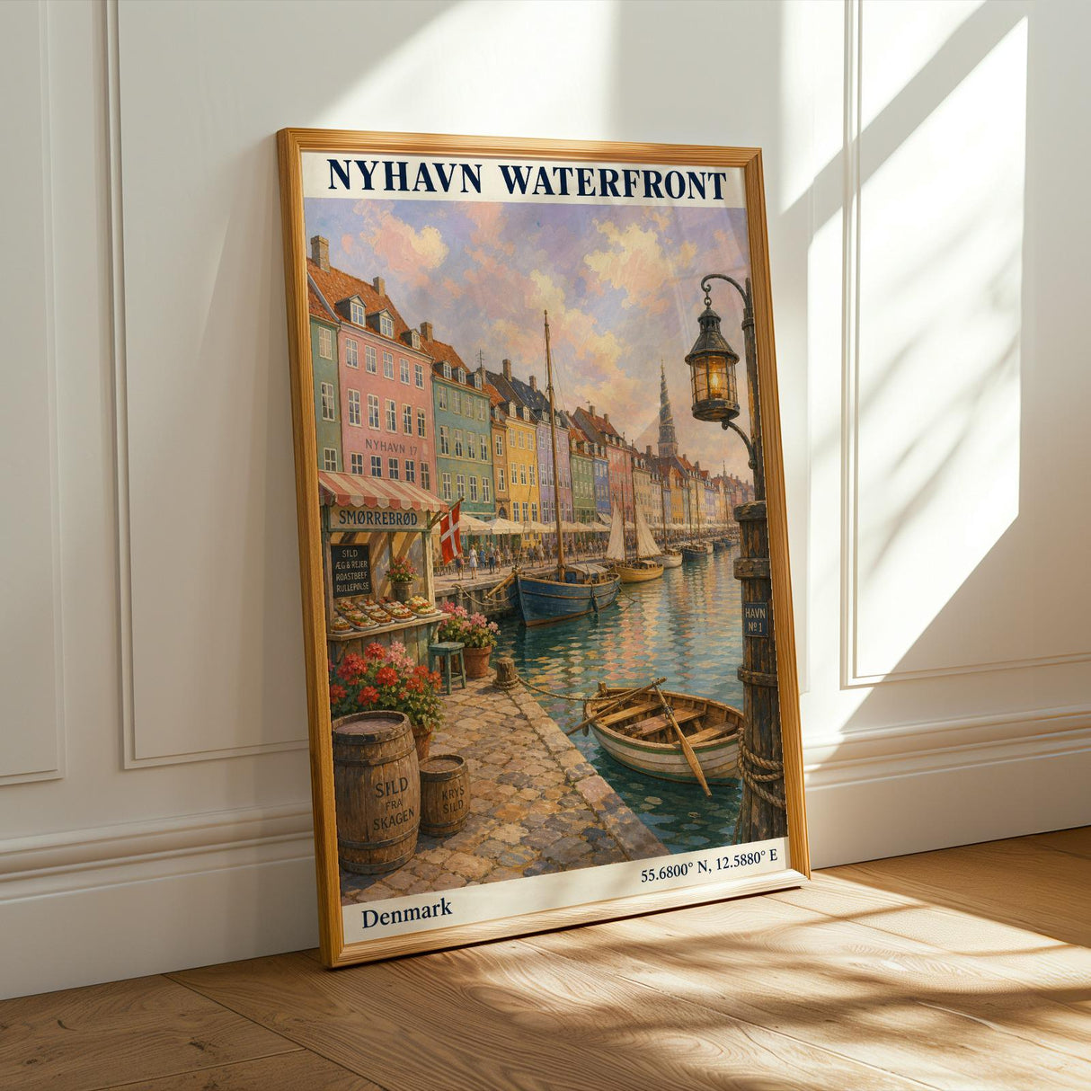 Nyhavn Copenhagen Travel Poster | Modern Denmark Wall Art Print | Navy Blue Waterfront Cityscape | Scandinavian Harbor Decor