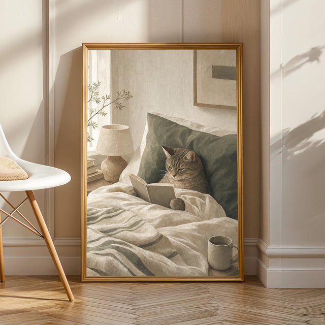 Scandinavian Cat Reading in Bed Poster | Modern Gouache Cat Wall Art | Warm Beige Faded Olive Decor | Cozy Nordic Bedroom Print