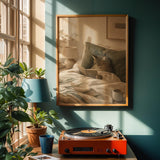 Scandinavian Cat Reading in Bed Poster | Modern Gouache Cat Wall Art | Warm Beige Faded Olive Decor | Cozy Nordic Bedroom Print