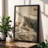 Scandinavian Cat Reading in Bed Poster | Modern Gouache Cat Wall Art | Warm Beige Faded Olive Decor | Cozy Nordic Bedroom Print