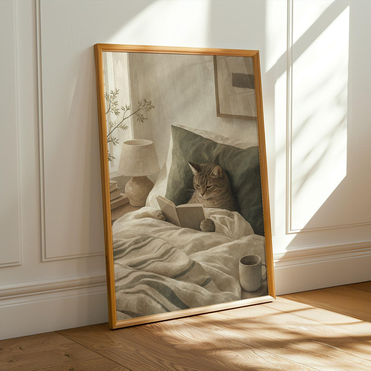 Scandinavian Cat Reading in Bed Poster | Modern Gouache Cat Wall Art | Warm Beige Faded Olive Decor | Cozy Nordic Bedroom Print