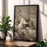 Ragdoll Cat Reading in Bed Poster | Modern Gouache Cat Wall Art | Warm Beige Oat Milk Decor | Cozy Minimalist Bedroom Print | Cat Lover Gift