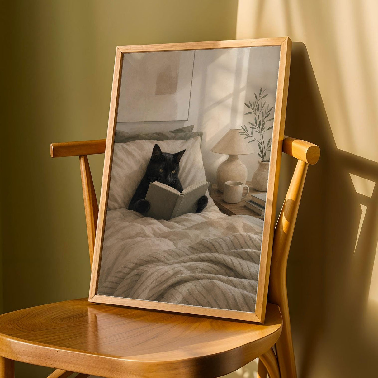 Black Cat Reading in Bed Poster | Modern Minimalist Cat Wall Art | Cozy Bedroom Decor Print | Neutral Contemporary Home Art | Cat Lover Gift