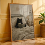 Black Cat Reading in Bed Poster | Modern Minimalist Cat Wall Art | Cozy Bedroom Decor Print | Neutral Contemporary Home Art | Cat Lover Gift
