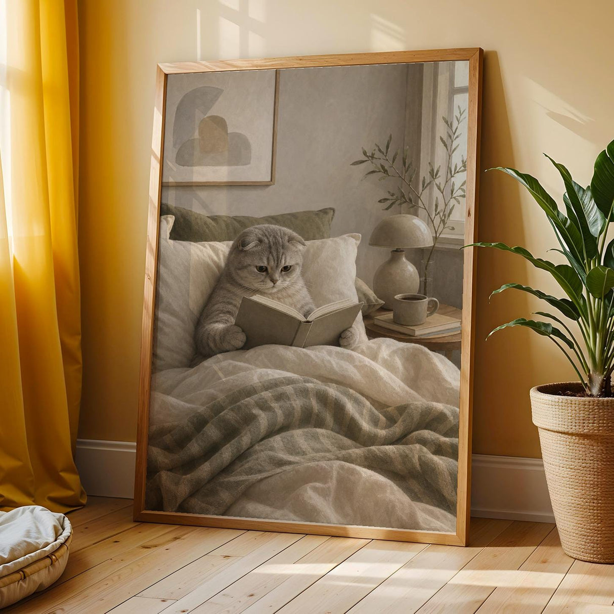 Scottish Fold Cat Reading in Bed Poster | Modern Gouache Cat Wall Art | Warm Beige Oat Milk Decor | Cozy Minimalist Bedroom Print