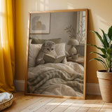 Scottish Fold Cat Reading in Bed Poster | Modern Gouache Cat Wall Art | Warm Beige Oat Milk Decor | Cozy Minimalist Bedroom Print