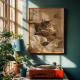 Maine Coon Cat Reading in Bed Poster | Scandinavian Gouache Cat Wall Art | Warm Beige Oat Milk Decor | Cozy Nordic Bedroom Print