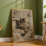 Maine Coon Cat Reading in Bed Poster | Scandinavian Gouache Cat Wall Art | Warm Beige Oat Milk Decor | Cozy Nordic Bedroom Print
