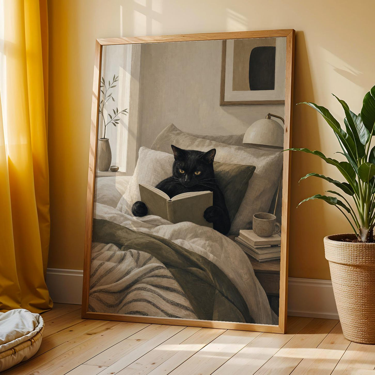 Bombay Cat Reading in Bed Poster | Modern Gouache Cat Wall Art | Warm Beige Oat Milk Decor | Cozy Minimalist Bedroom Print | Cat Lover Gift